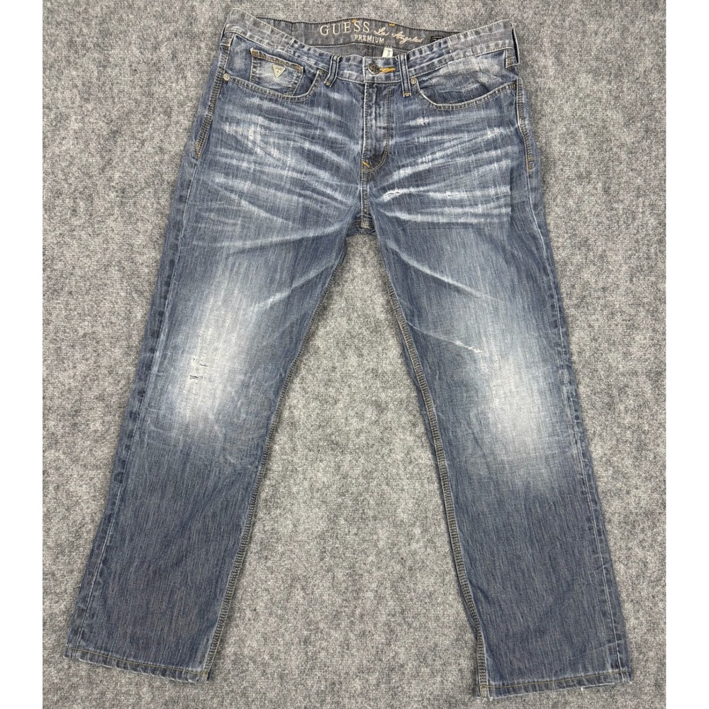 Guess Premium Lincoln Slim Straight Jeans Mens 36 Distressed Blue Denim